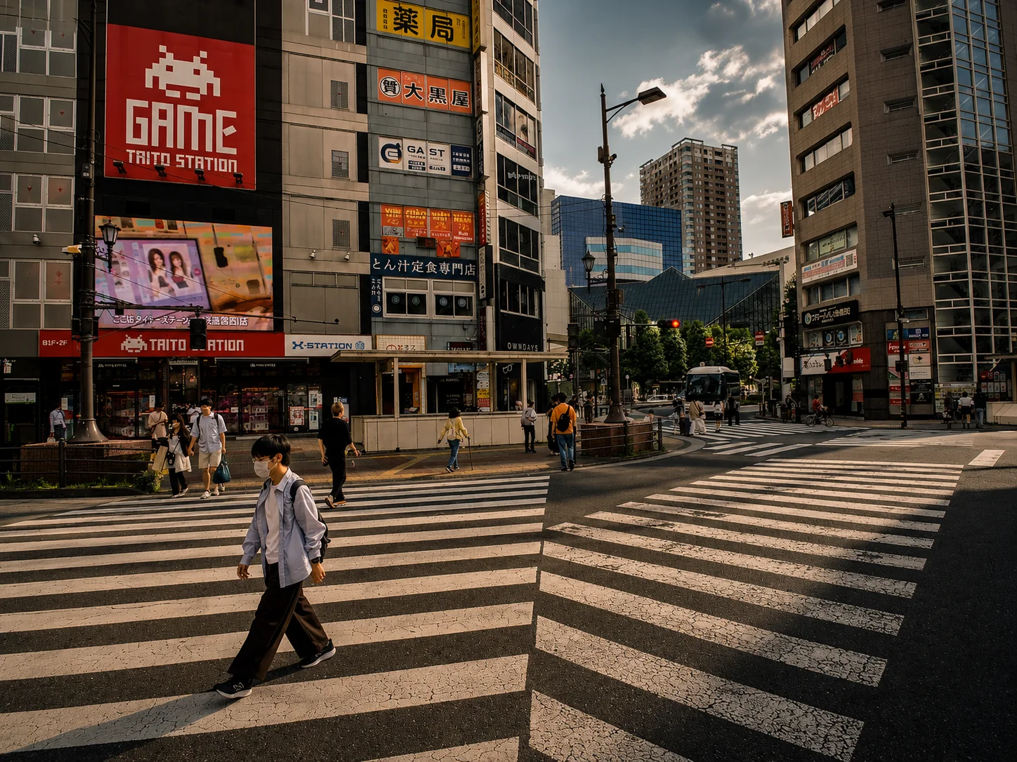 Shinjuku crossing illuminated by Tokyo signs at night