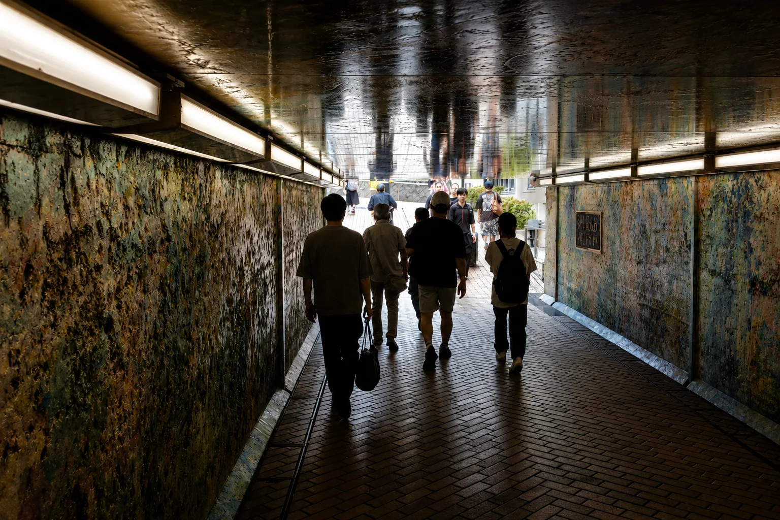 People moving through a bright Tokyo passage